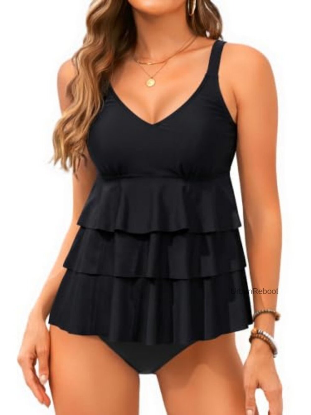 Tankini Top Only V Neck Tummy Control Bathing Suit Top Adjustable Straps